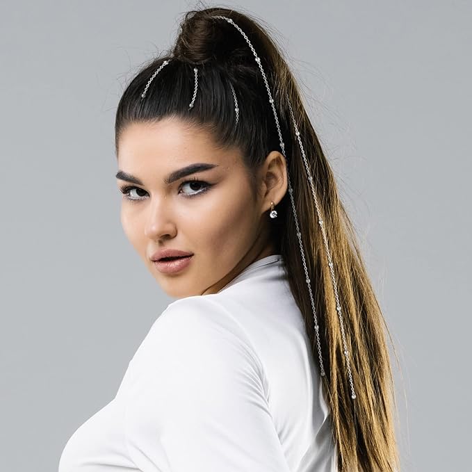 Chunyin 6 Pcs Rhinestone Hair Chains for Women Pearl Charm Rhinestone Hair Jewelry Accessories Crystal Extensions Clips Silver Gold Pins for Braids(Adjustable Silver)