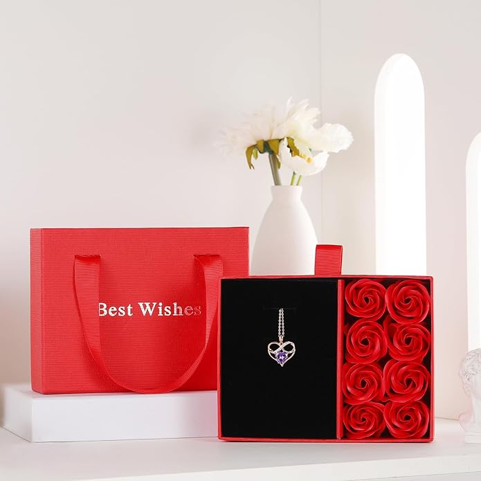 Rose Gold Birthstone Necklaces Heart Birthstone Pendant Necklaces For Women Valentine's Day Mother's Day Anniversary Christmas Gifts