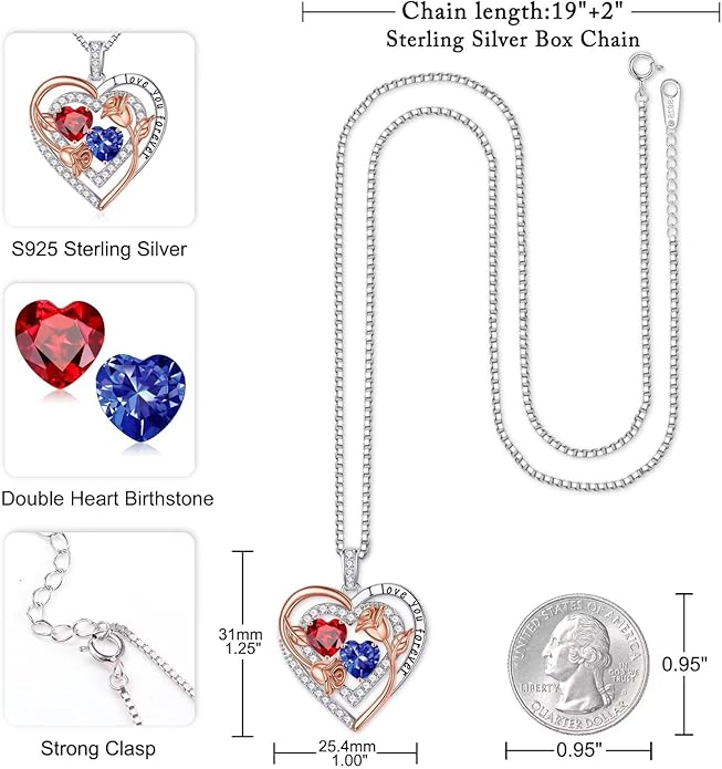 Iefil Birthstone Necklace for Women - Sterling Silver Birthstone Necklace Anniversary Birthday Gifts for Her Wife Mom Daughter