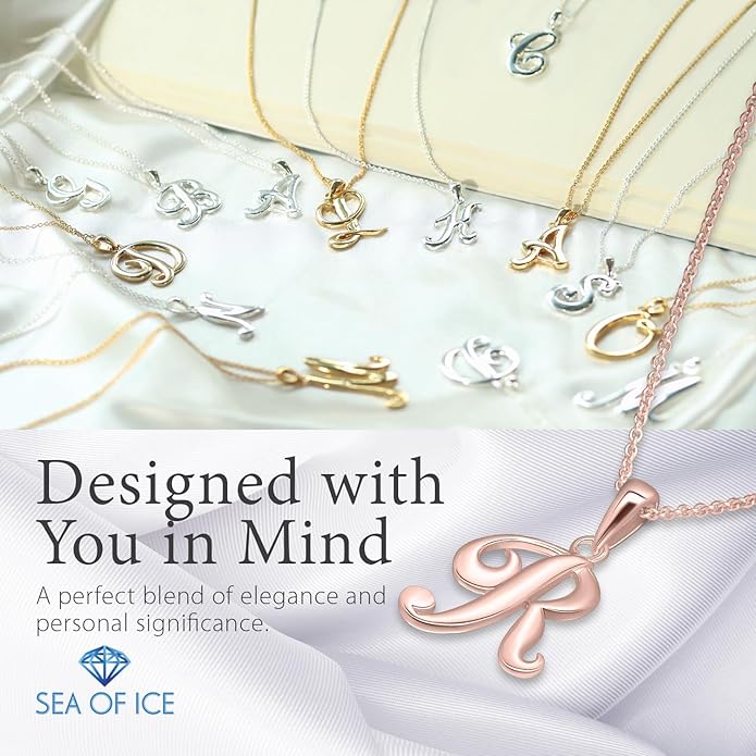 SEA OF ICE Letter Initial Necklace, Alphabet Letter Pendant Necklace, Sterling Silver, Gold, Rose Gold Necklace for Women, Elegant Initial Necklaces, Personalized Custom Women's Necklaces