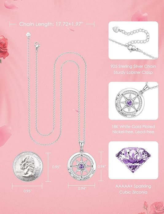 Silver Compass Necklace for Women Birthday Gifts for Wife Anniversary Necklace for Women Rose Flower Birthstone Necklaces for Wife Jewelry for Womens Girlfriend Mom Daughter