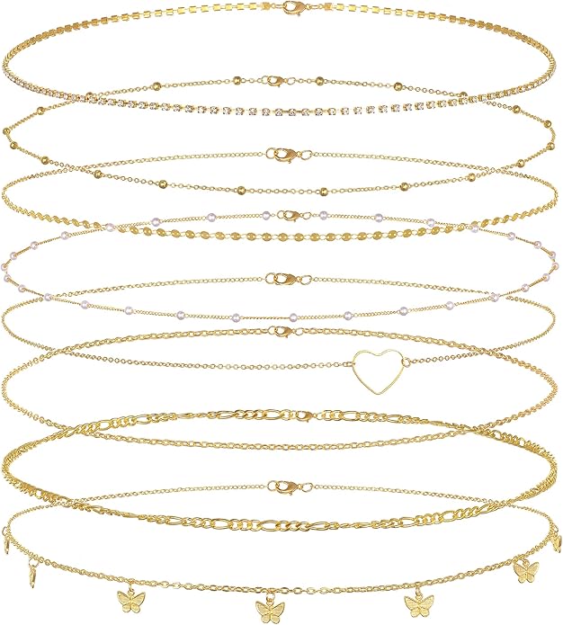 Tornito 8Pcs Waist Belly Chain 18K Gold Plated CZ Heart Pearl Snake Bead Sequin Paperclip Belly Chain Summer Beach Sexy Body Chains Jewelry Accessories for Women Adjustable