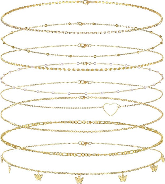 Tornito 8Pcs Waist Belly Chain 18K Gold Plated CZ Heart Pearl Snake Bead Sequin Paperclip Belly Chain Summer Beach Sexy Body Chains Jewelry Accessories for Women Adjustable
