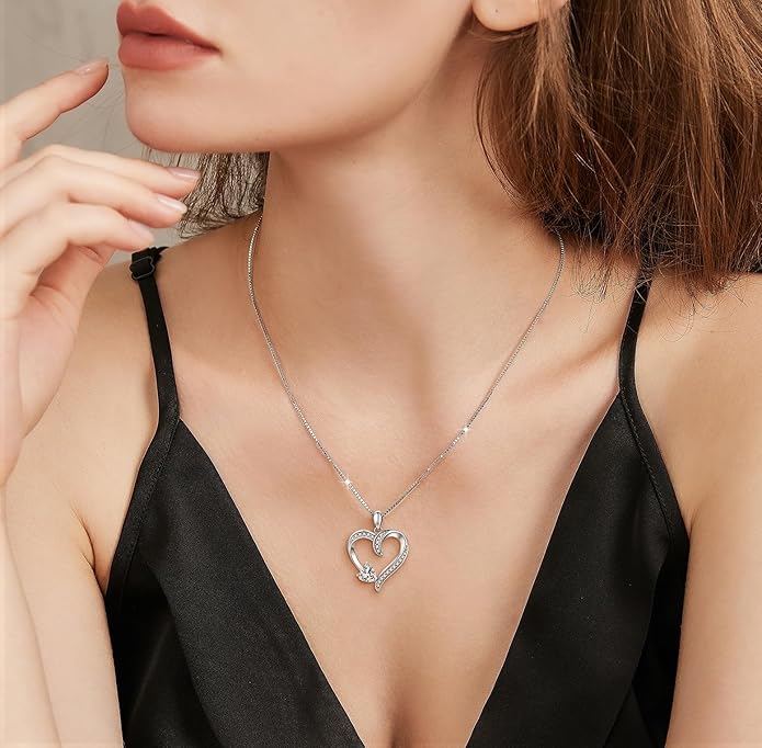 Love Heart Necklace for Women, 925 Sterling Silver Cubic Zirconia Diamond Heart Pendant Jewelry Gift for Mom, Mother, Wife, Girlfriend on Wedding, Birthday, Mother's Day, Chain 18 inch