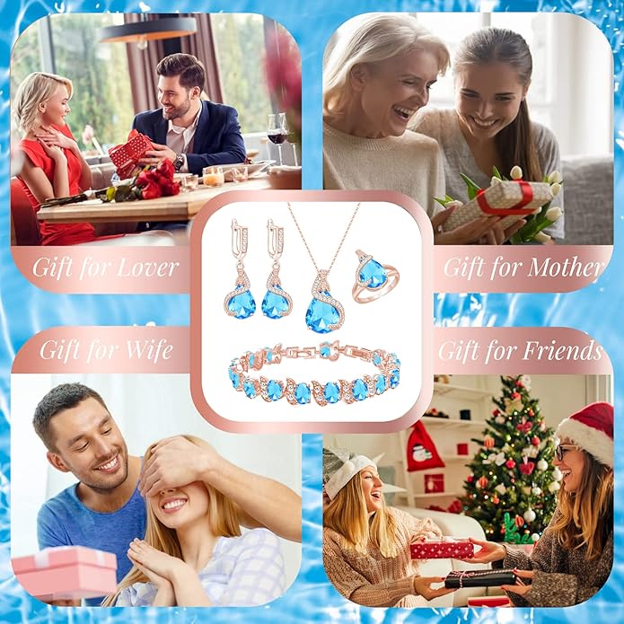 GZWHD Jewelry Set for Women Water Drop Cubic Zirconia Artificial Crystal Earrings Pendant Necklace Open Ring Tennis Bracelet Wedding Anniversary Birthday Engagement Gift for Bridesmaid Wife Girlfriend Friend