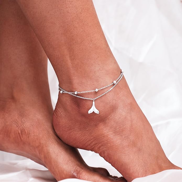 CHIC & ARTSY Womens Sterling Silver Created Opal Layered Anklet Bracelet Dainty Beaded Chain Adjustable 11" Best Friend Anklet