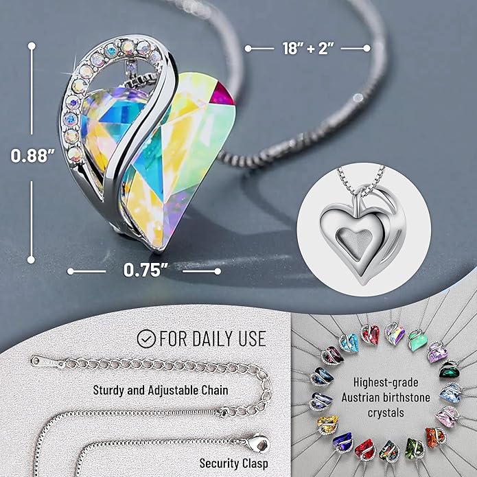 Necklaces for Women, Infinity Love Birthstone Heart Crystal Pendant, Birthday Jewelry Gifts for Her, Mom, and Wife, Silver Plated, 18 plus 2 inch Adjustable Chain