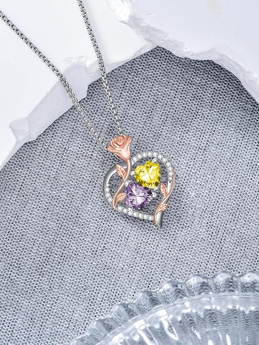 Jewelry for Her Double Heart Rose Birthstone Pendant Necklace Anniversary Jewelry Christmas Birthday Gifts for Women Wife Girlfriend