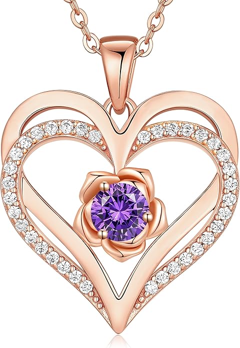 CDE S925 Silver Rose Gold Heart Birthstone Necklaces for Women，Ideal Anniversary or Birthday Jewelry Gifts for Wife Girlfriend Her
