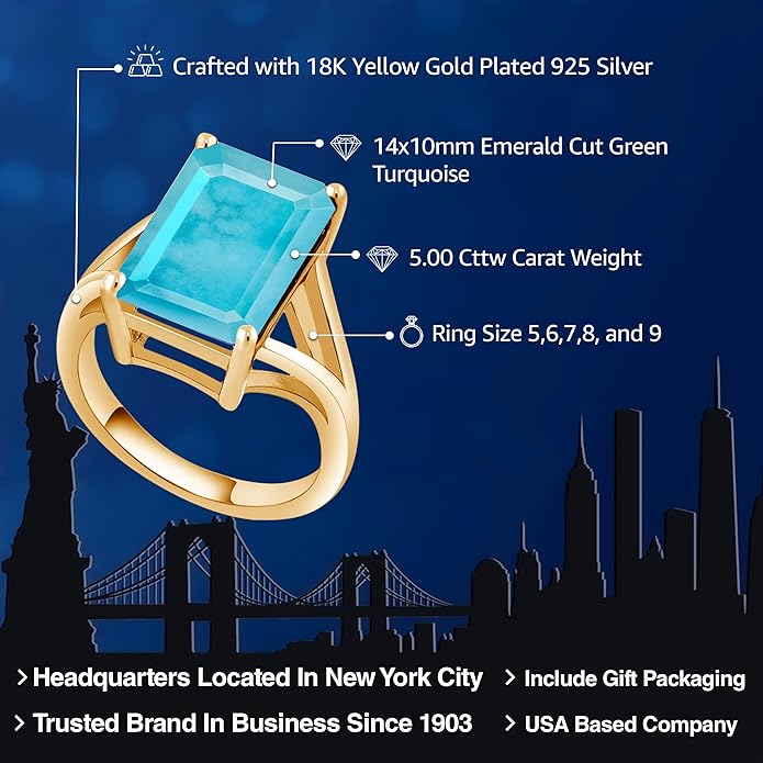 Gem Stone King 5-10 Cttw Gemstone Birthstone Solitaire Engagement Ring For Women | 18K Yellow Gold Plated Silver | 14X10MM Emerald Cut | Wedding Anniversary Ring | Available In Size 5, 6, 7, 8, 9