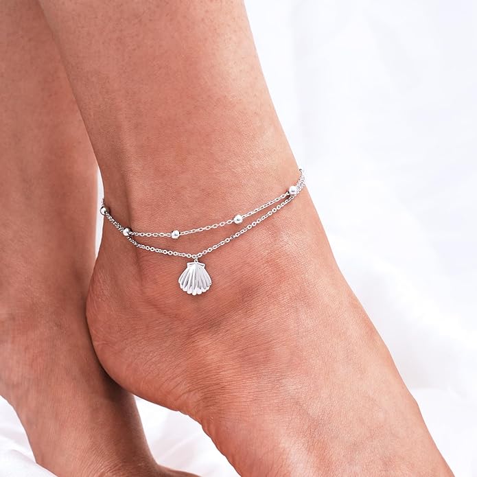 CHIC & ARTSY Womens Sterling Silver Created Opal Layered Anklet Bracelet Dainty Beaded Chain Adjustable 11" Best Friend Anklet