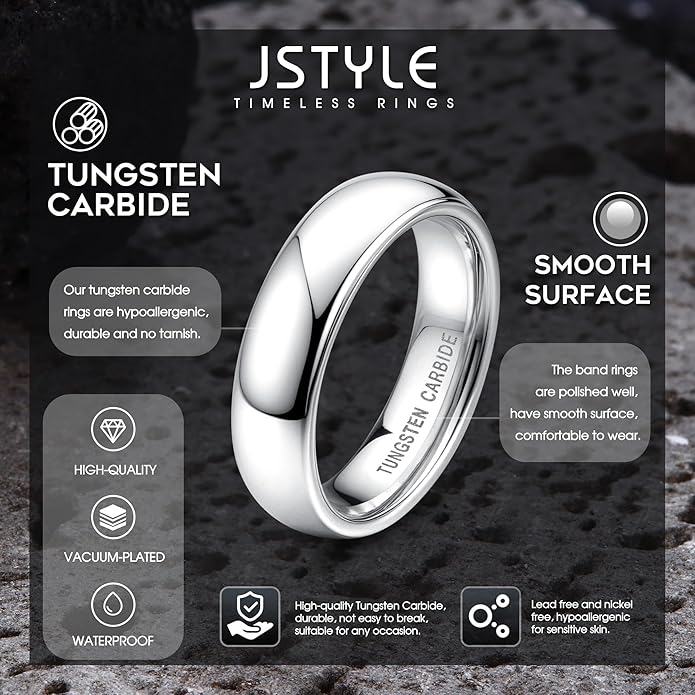 Jstyle 2mm 4mm 6mm 8mm Tungsten Rings for Men Women Hypoallergenic Wedding Band Rings Gold/Silver Domed High Polish Comfort Fit Size 6-12 Not Tarnished