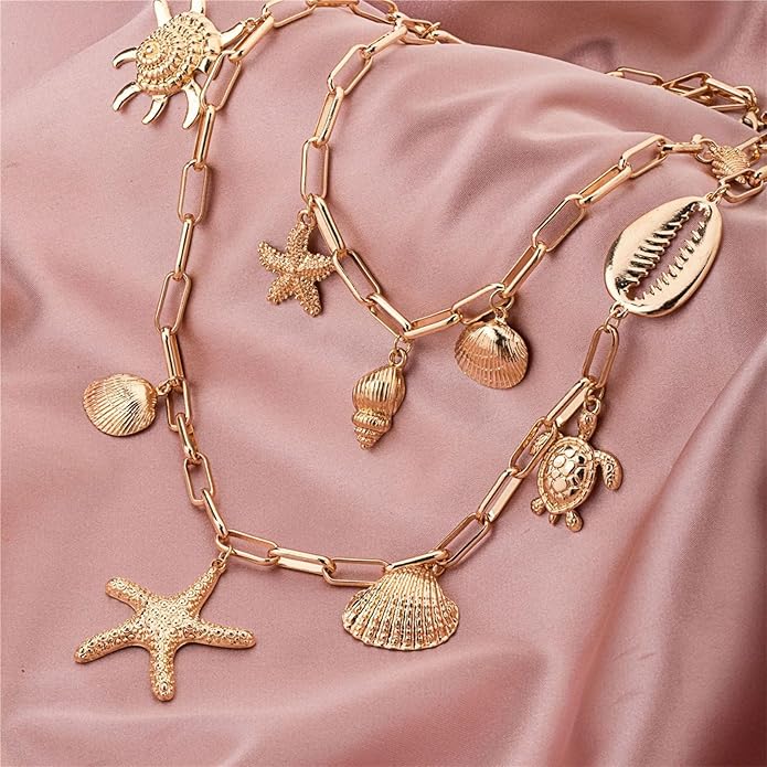 Choistily Charm Necklace Dainty Gold Western Outfit Beach Jewelry for Women Trendy Cowgirl Accessories for Women Gold Bow Sea Shell Pendant Necklace Preppy Stuff Summer Jewelry 2025