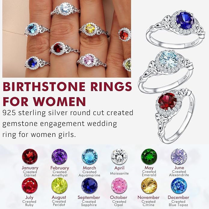 DAYBYDAY Celtic Birthstone Rings for Women 925 Sterling Silver Heart/Round/Pear/Oval Created Gemstone Moissanite Halo Engagement Promise Rings for Her Wife Birthday Anniversary Wedding Jewelry