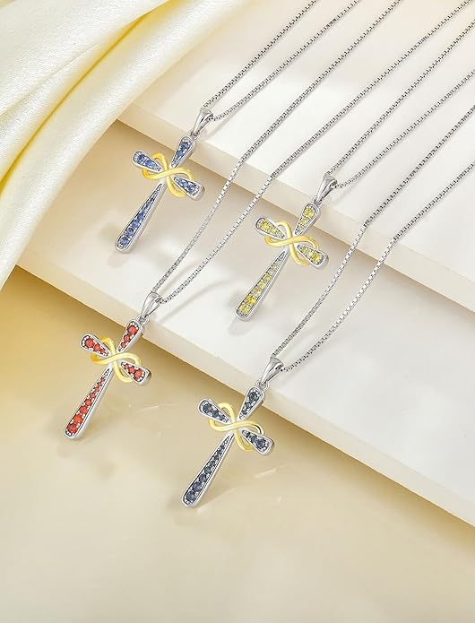 YL 925 Sterling Silver Cross Necklace for Women Halo Infinity Pendant Birthstone Jewelry for Mom