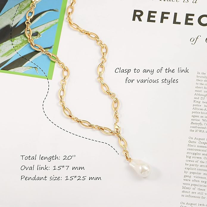18k Gold Chain Link Necklace for Women, Baroque Pearl/Compass Pendant Necklace