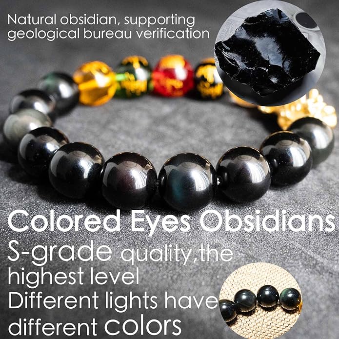 24K Gold Plated PiXiu Dragon Bracelet Feng Shui Bracelet, Obsidian Bracelet Dragon Protection for Men Women, Meditation Prayer Beads Bracelets Meaning to Attract Wealth and Good Luck(12mm)