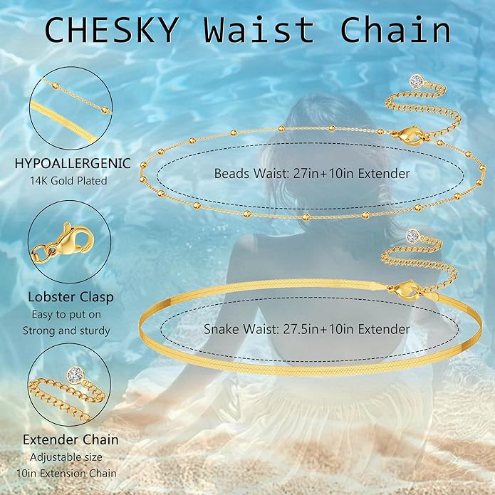 CHESKY Gold Waist Chain for Women, 14K Gold Plated Silver Layered Belly Belt Chains Sexy Bikini Beach Waist Beads Chain Waterproof Snake Pearl Cuban Body Chain Summer Jewelry Accessories for Women