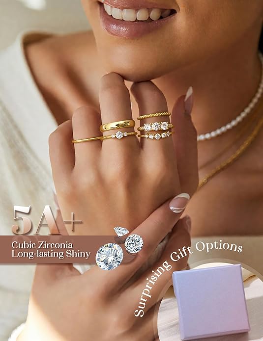 Besteel Gold Rings for Women - Non Tarnish 14K Gold Plated Stackable Rings, Dainty Cubic Zirconia Thin Thumb Ring Set, Trendy Statement Promise Wedding Bands Engagement Rings for Women Size 6-10