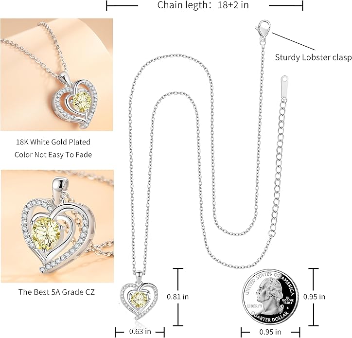 Heart Necklace, I Love You Always & Forever, Birthstone Cubic Zirconia Pendant, Gift for Women