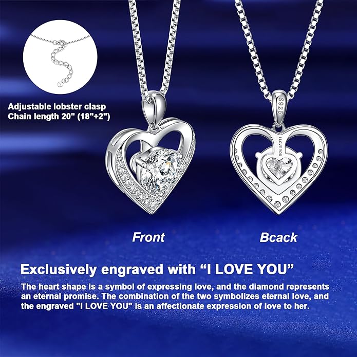 Moissanite Necklace for Women, Heart Pendant Engraved 'I Love You' Gifts for Wife, Valentine's Day Gift Anniversary Eternity Birthday Present Sterling Silver Jewelry for Her