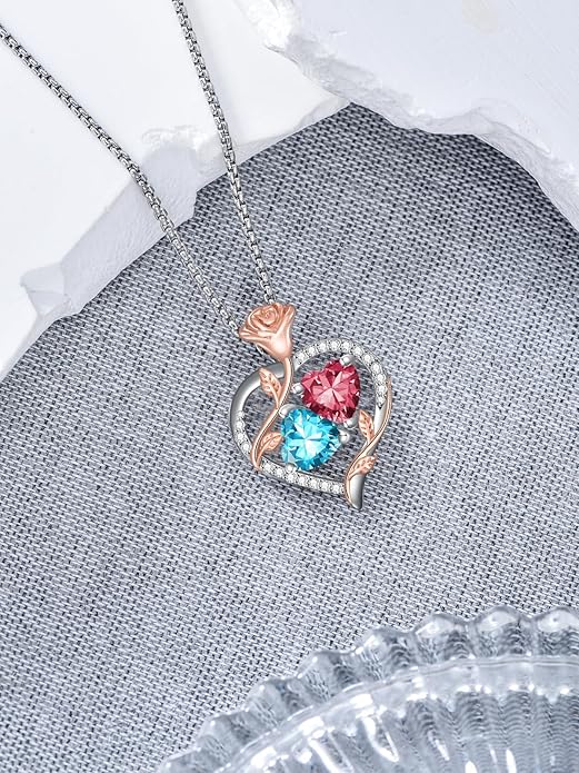 Jewelry for Her Double Heart Rose Birthstone Pendant Necklace Anniversary Jewelry Christmas Birthday Gifts for Women Wife Girlfriend