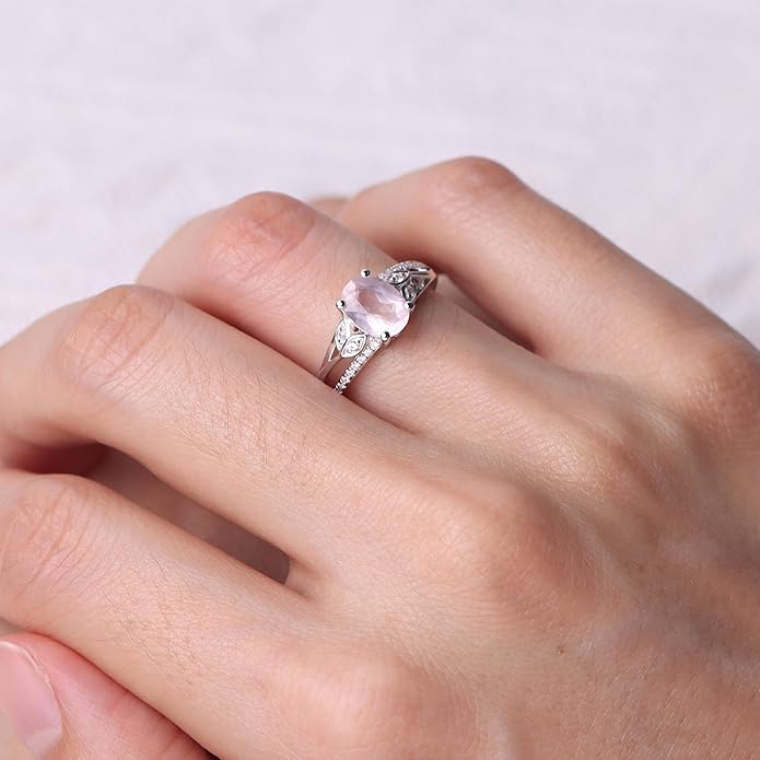 925 Sterling Silver Oval Shaped 8X6 MM Gemstone Ring Leaf Engagement Ring for Women Jewelry