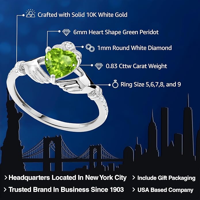 Gem Stone King 10K White Gold 6MM Heart Shape Gemstone Birthstone and White Diamond Irish Celtic Claddagh Engagement Ring | Gold Ring For Women | Available In Size 5, 6, 7, 8, 9