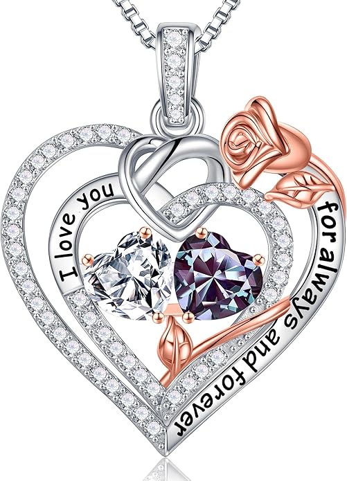Iefil Rose Heart Necklace Gifts for Wife Women - 925 Sterling Silver Double Birthstone Necklace, Anniversary Birthday Gifts for Women, Jewelry Gift for Wife Girlfriend Mom Her
