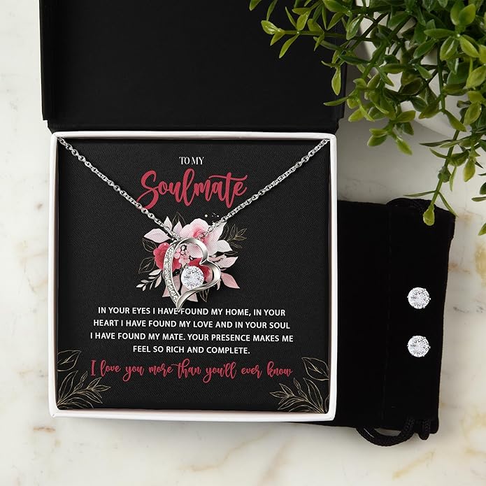 (USA-Assembled) To My Soulmate Gift - Womens Heart Necklace and Earring Set for Her Jewelry - Wedding Anniversary Valentines Day Birthday Engagement Christams Black Box (id165)