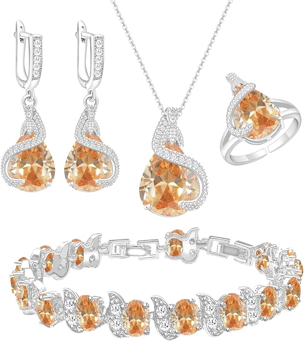 GZWHD Jewelry Set for Women Water Drop Cubic Zirconia Artificial Crystal Earrings Pendant Necklace Open Ring Tennis Bracelet Wedding Anniversary Birthday Engagement Gift for Bridesmaid Wife Girlfriend Friend