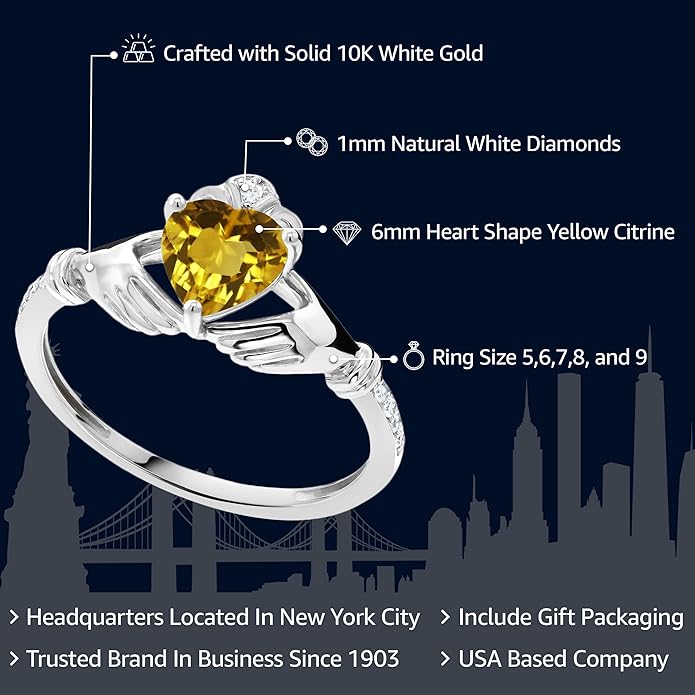 Gem Stone King 10K White Gold 6MM Heart Shape Gemstone Birthstone and White Diamond Irish Celtic Claddagh Engagement Ring | Gold Ring For Women | Available In Size 5, 6, 7, 8, 9