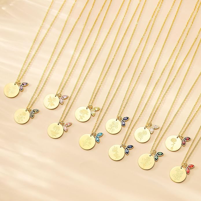 14k Gold Plated Birth Month Flower Birthstone Pendant Necklace, Floral Charm Necklace for Women Birthday Gift