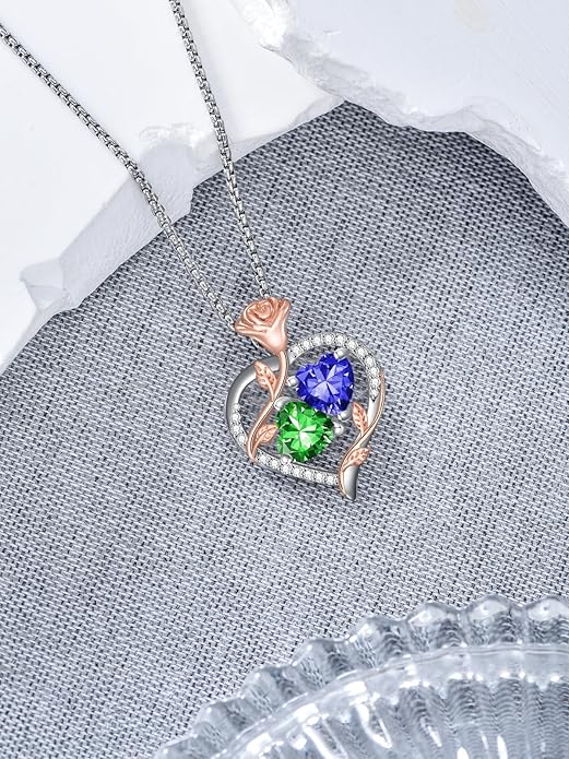 Jewelry for Her Double Heart Rose Birthstone Pendant Necklace Anniversary Jewelry Christmas Birthday Gifts for Women Wife Girlfriend