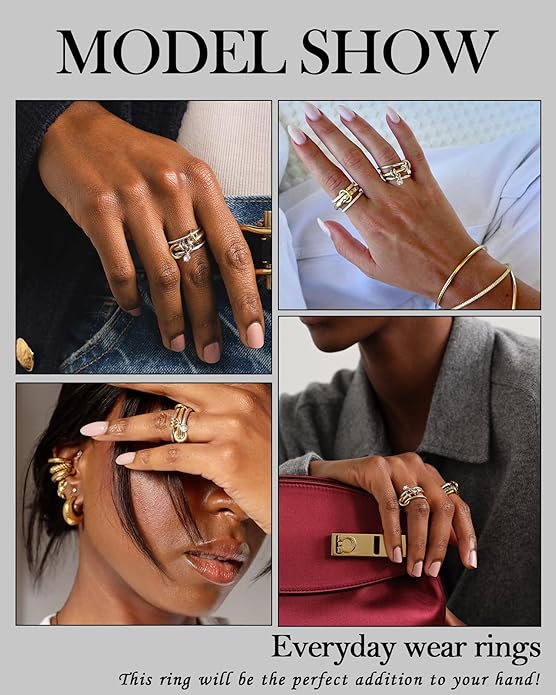TLY Stackable Gold Rings for Women Non Tarnish 18K Gold Plated Interlocking Ring Stack Set Gold Silver Mixed Metal Statement Rings Dainty Cubic Zirconia CZ Fashion Connected Band Thumb Ring Size 4-11 Jewelry Gift for Women