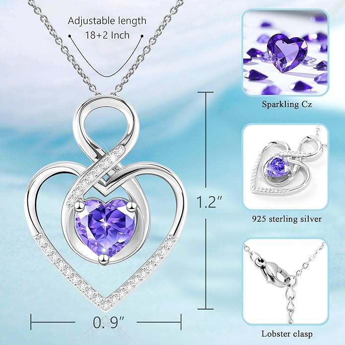 Heart Necklace for Women, 925 Silver Necklace with Infinity Heart Pendant, Personalized Birthstone Necklace Anniversary Birthday Gifts for Wife, Girlfriend, Mom