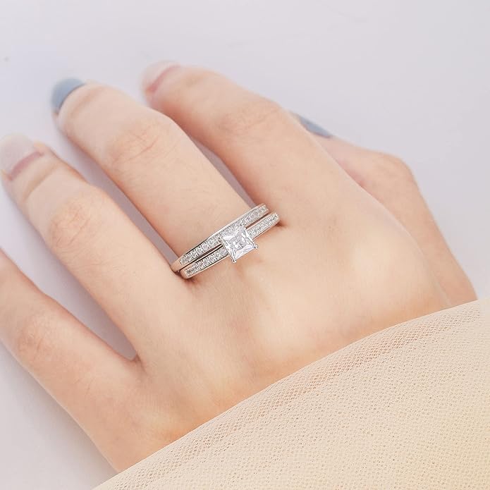 1.35ct Princess Cut Engagement Ring 925 Sterling Silver Wedding Band Set for Women Cubic Zirconia Bridal Sets Size 5-10