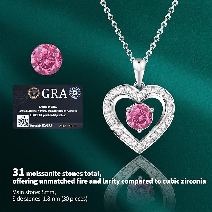 Full Moissanite Heart Necklace - No CZ! 2ct Vibrant Birthstone & 30 White Gems | 12 Month Gifts for Wife, Mom, Her | Anniversary, Valentine's Day, Mother's Day Jewelry