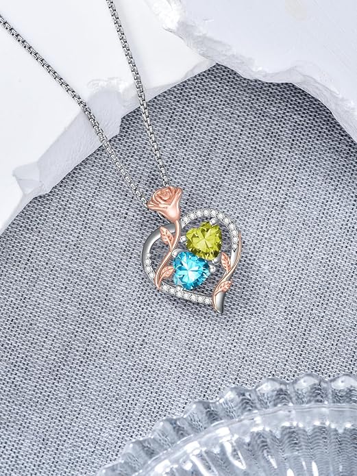 Jewelry for Her Double Heart Rose Birthstone Pendant Necklace Anniversary Jewelry Christmas Birthday Gifts for Women Wife Girlfriend