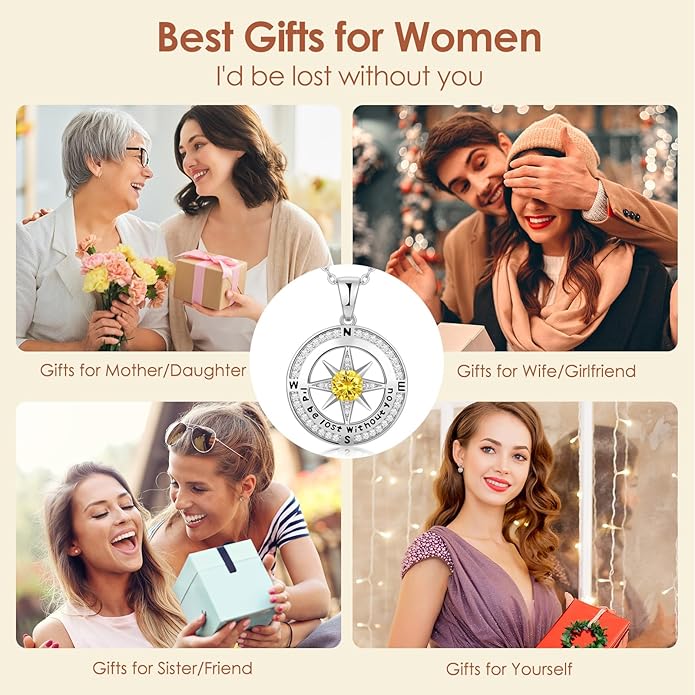 Compass Necklace Gifts for Women wife - S925 Sterling Silver Birthstone Necklaces for Women - Anniversary Birthday Gifts for Her Wife Girlfriend - Valentines Mom Mothers Day Christmas Gifts Jewelry for Women