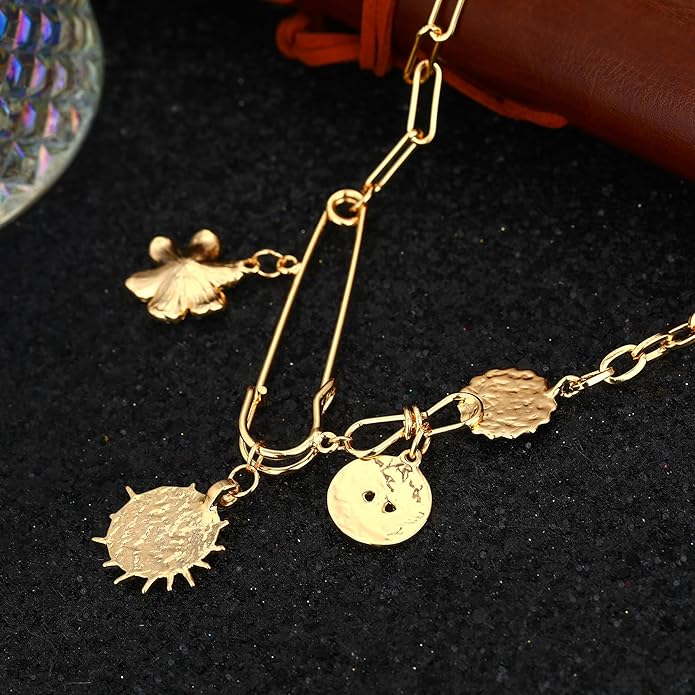 Charm Necklace for Women Gold Evil Eye Sun Moon Flower Coin Pendant Necklace Dainty Paperclip Chain Vintage Luck Amulet Choker Necklaces Celestial Jewelry Gift