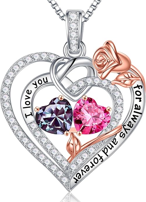 Iefil Rose Heart Necklace Gifts for Wife Women - 925 Sterling Silver Double Birthstone Necklace, Anniversary Birthday Gifts for Women, Jewelry Gift for Wife Girlfriend Mom Her