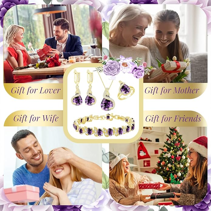 GZWHD Jewelry Set for Women Water Drop Cubic Zirconia Artificial Crystal Earrings Pendant Necklace Open Ring Tennis Bracelet Wedding Anniversary Birthday Engagement Gift for Bridesmaid Wife Girlfriend Friend