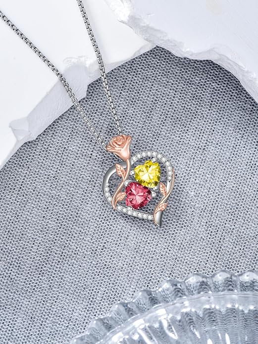 Jewelry for Her Double Heart Rose Birthstone Pendant Necklace Anniversary Jewelry Christmas Birthday Gifts for Women Wife Girlfriend