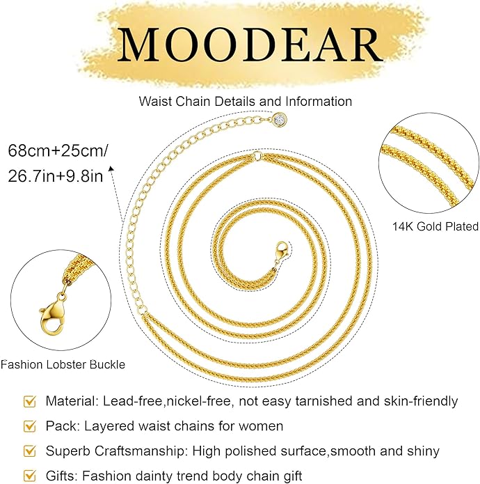 MOODEAR 2PCS Waist Chain for Women - Waterproof 14K Gold Plated/Silver Layered Belly Beads Chains with Drop Cubic Zirconia Body Chain Jewelry Sexy Bikini Belt Gift for Summer Beach
