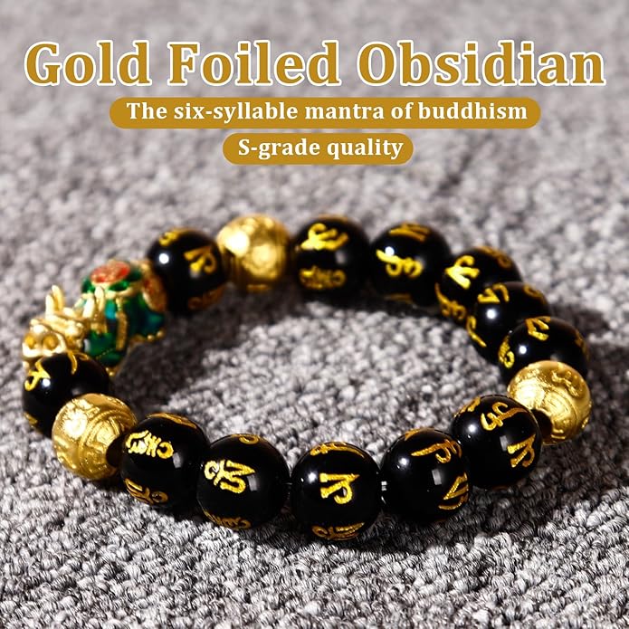 Feng Shui Bracelet Obsidian Bracelet, 24k Gold Plated PiXiu Dragon Protection for Men Women, 12mm Mantra Prayer Beads Bracelets Meditation Decompression Meaning to Attract Wealth, Good Luck