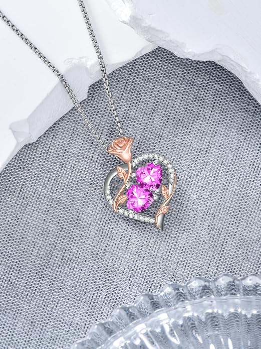 Jewelry for Her Double Heart Rose Birthstone Pendant Necklace Anniversary Jewelry Christmas Birthday Gifts for Women Wife Girlfriend