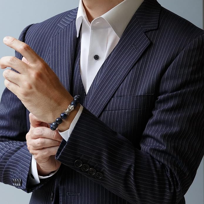 AWNL® Men's Beaded Bracelet with Sterling Silver Engraved Runes Charm 12mm Bronzite Dumortierite Obsidian Natural Gemstone Gift for Men, 6.1''-7.9''