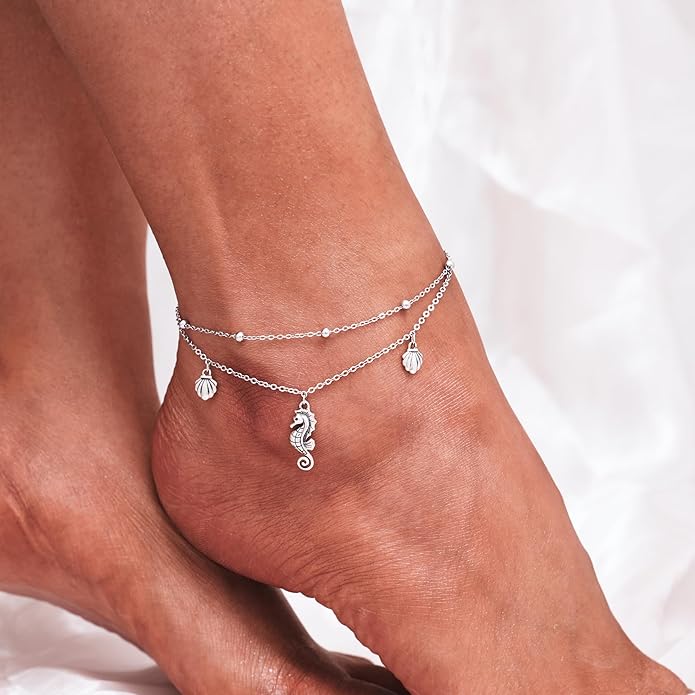 CHIC & ARTSY Womens Sterling Silver Created Opal Layered Anklet Bracelet Dainty Beaded Chain Adjustable 11" Best Friend Anklet