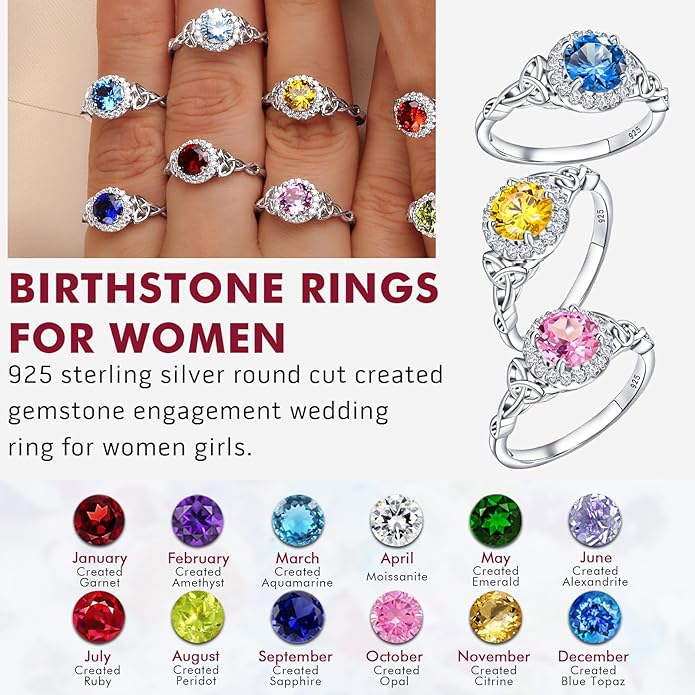 DAYBYDAY Celtic Birthstone Rings for Women 925 Sterling Silver Heart/Round/Pear/Oval Created Gemstone Moissanite Halo Engagement Promise Rings for Her Wife Birthday Anniversary Wedding Jewelry